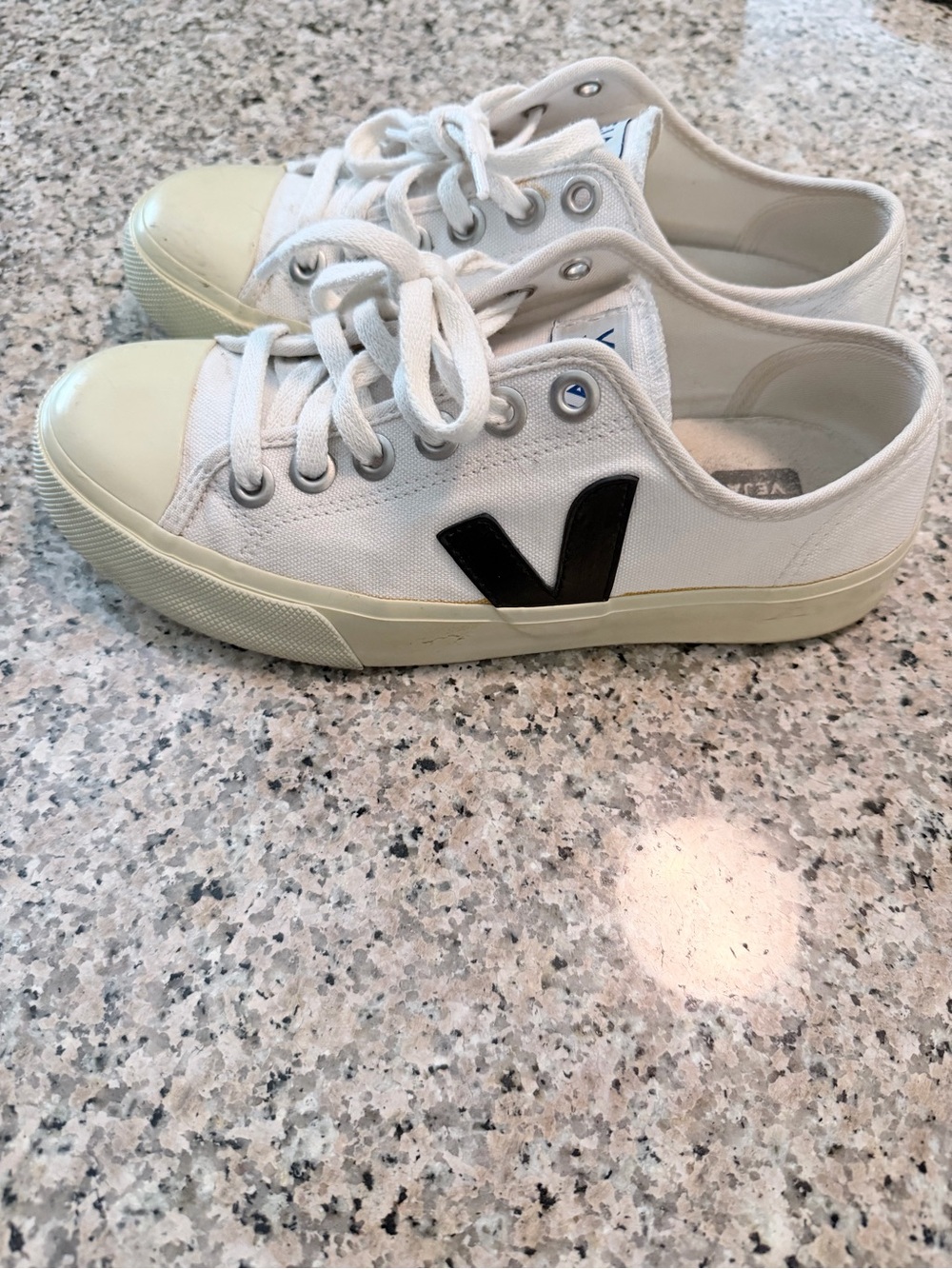 Veja Low-Top Canvas Sneakers in White with Black V
